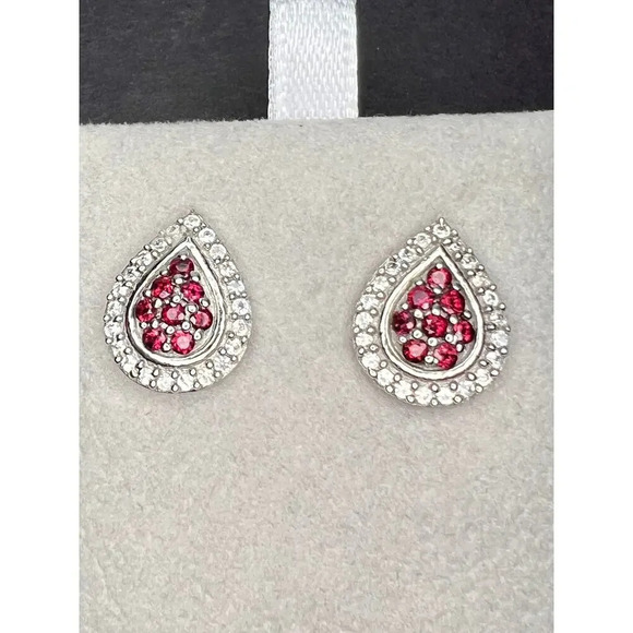 Red garnet and white topaz teardrop sterling silver post earrings - Picture 3 of 8